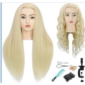 28” Mannequin Head, Light Blonde Human Hair (80%), Blue Eyes, Styling Practice